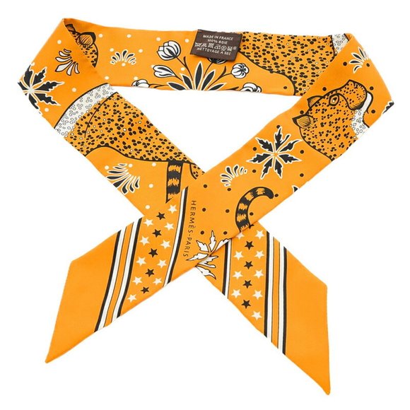 Hermes Twilly Leopard LES LEOPARDS Mustard Black White 100% Silk Scarf - Picture 2 of 4